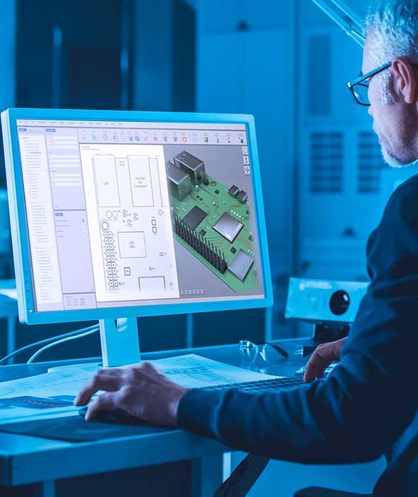 Engineer working on computer uses CAD software to design a printed circuit board (PCB)